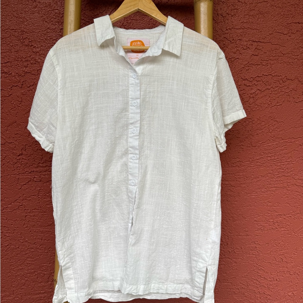 Lucky We Live Hawai’i Brand White Button Down Linen